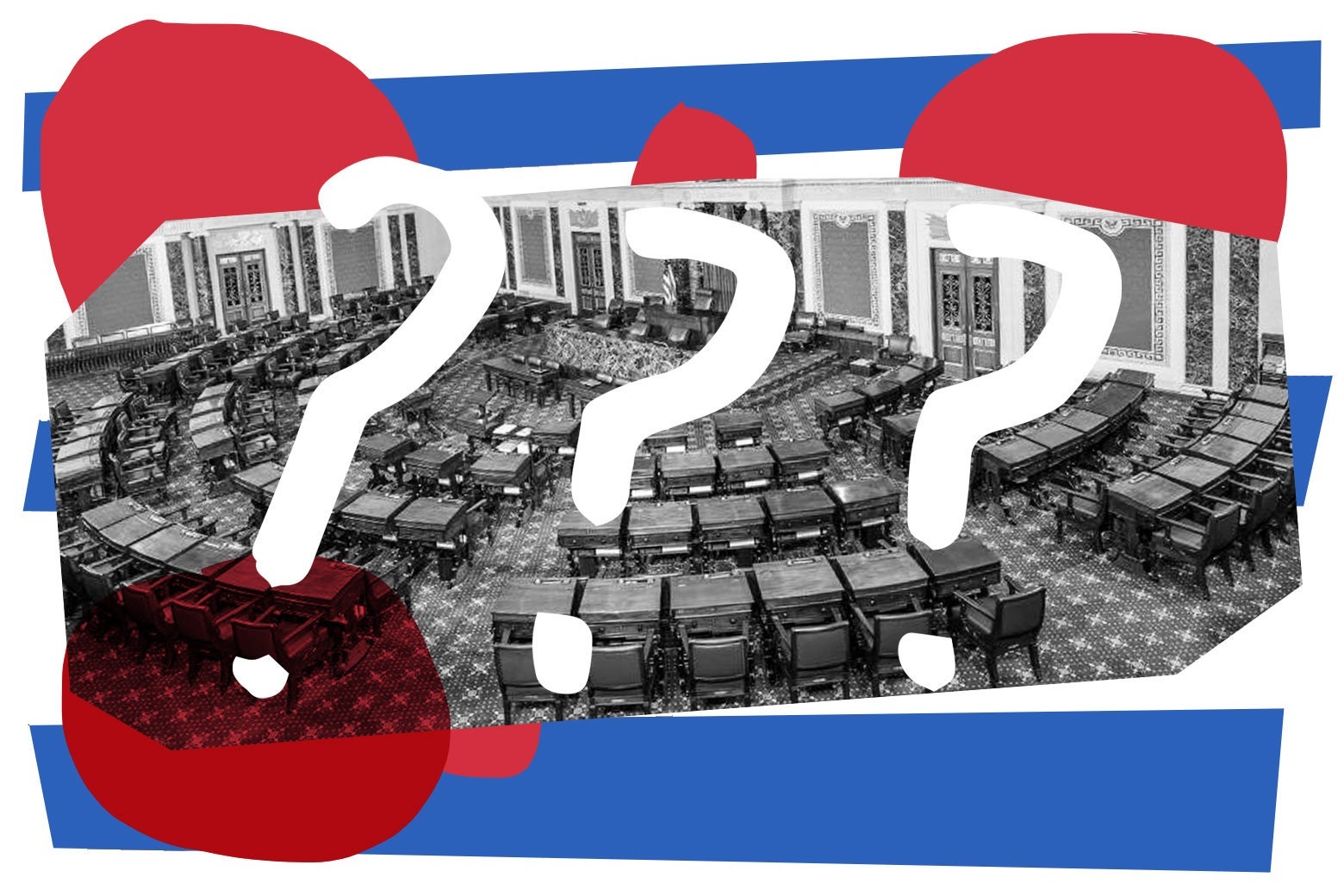 The Senate floor covered in question marks.