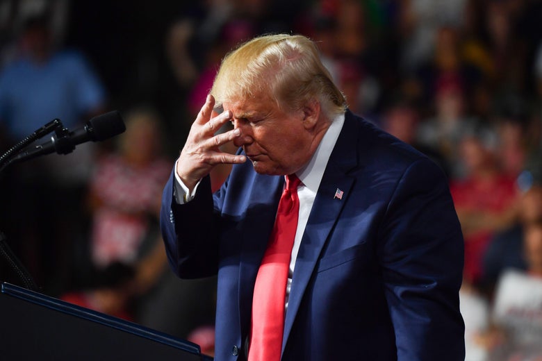 President Donald Trump mocks former vice president Joe Biden by calling him "sleepy Joe Biden" at a "Keep America Great" campaign rally at the SNHU Arena in Manchester, New Hampshire, on August 15, 2019. 