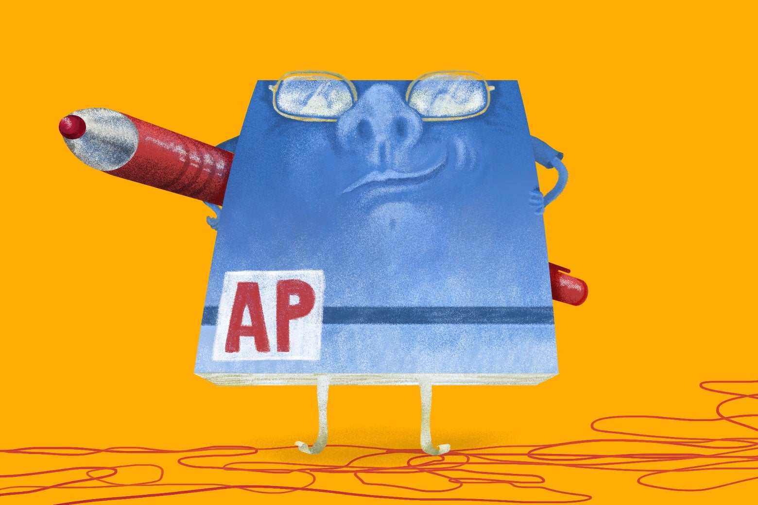 An anthropomorphized AP Stylebook with a smug grin and a red pen.