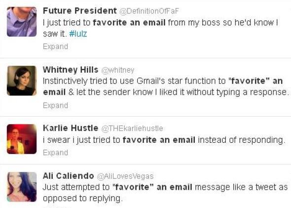 A Twitter search for "tried to 'favorite' an email" turns up a long stream of results.