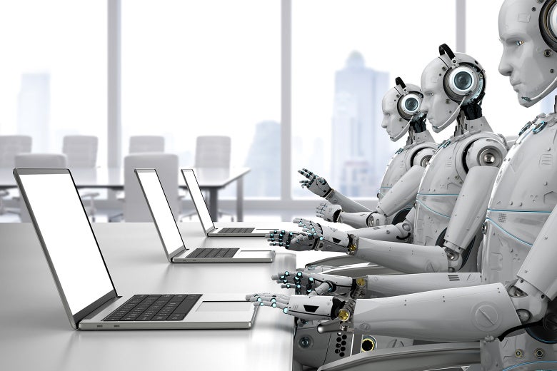 Three robots working at a conference room table.	