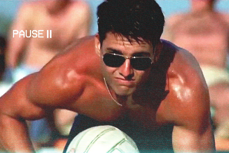 Tom Cruise shirtless holding a volleyball in Top Gun treated as if it is being watched on VHS.