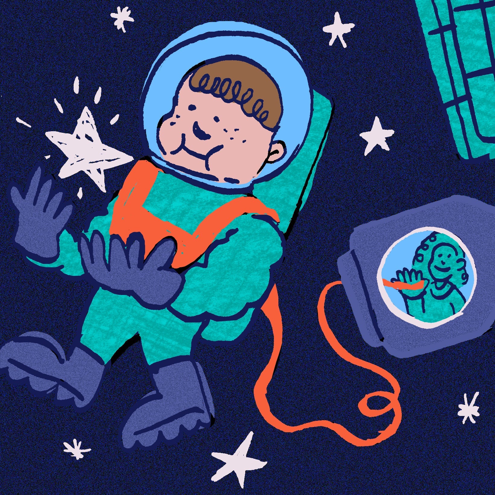 Toddler on a leash reaching for a star in outer space.
