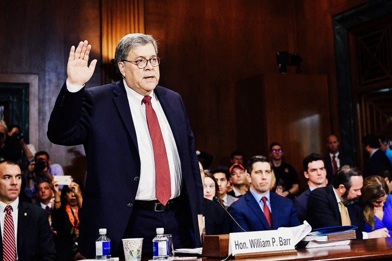 Attorney General William Barr is sworn in before testifying at the Senate Judiciary Committee on Wednesday in Washington.