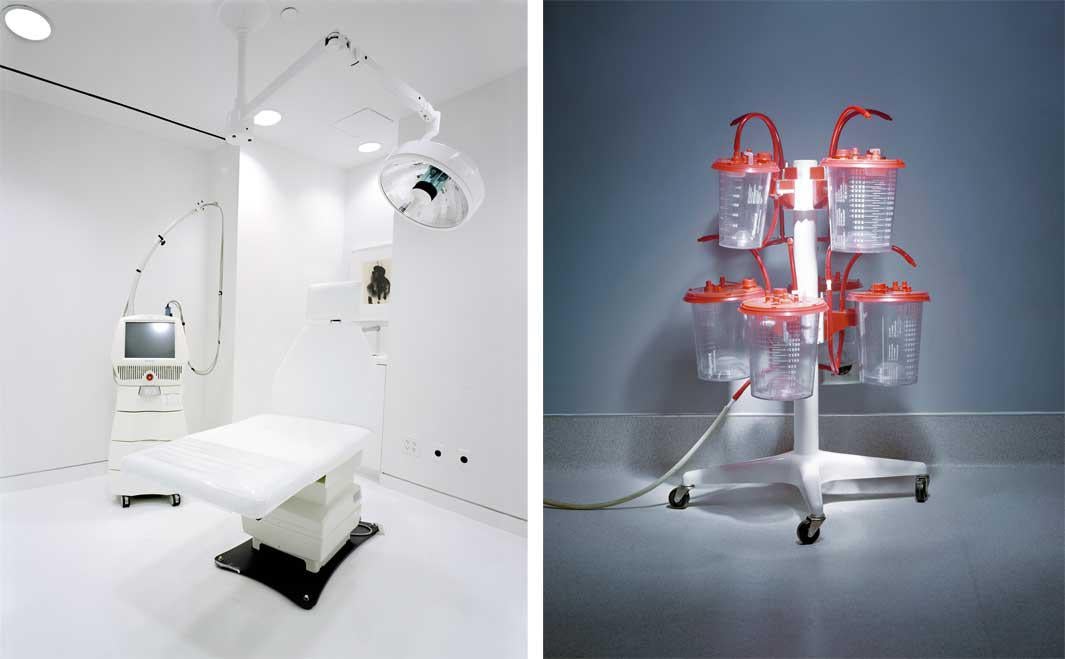 Left: White Consultation Bed. Right: Red Liposuction Machine