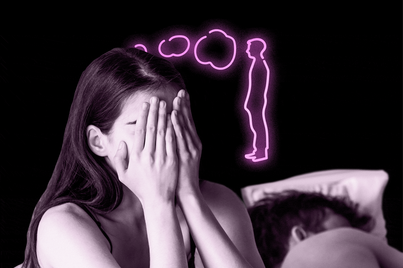 GIF of a woman sitting upright in bed, looking distressed, as a neon thought bubble of another man glows.