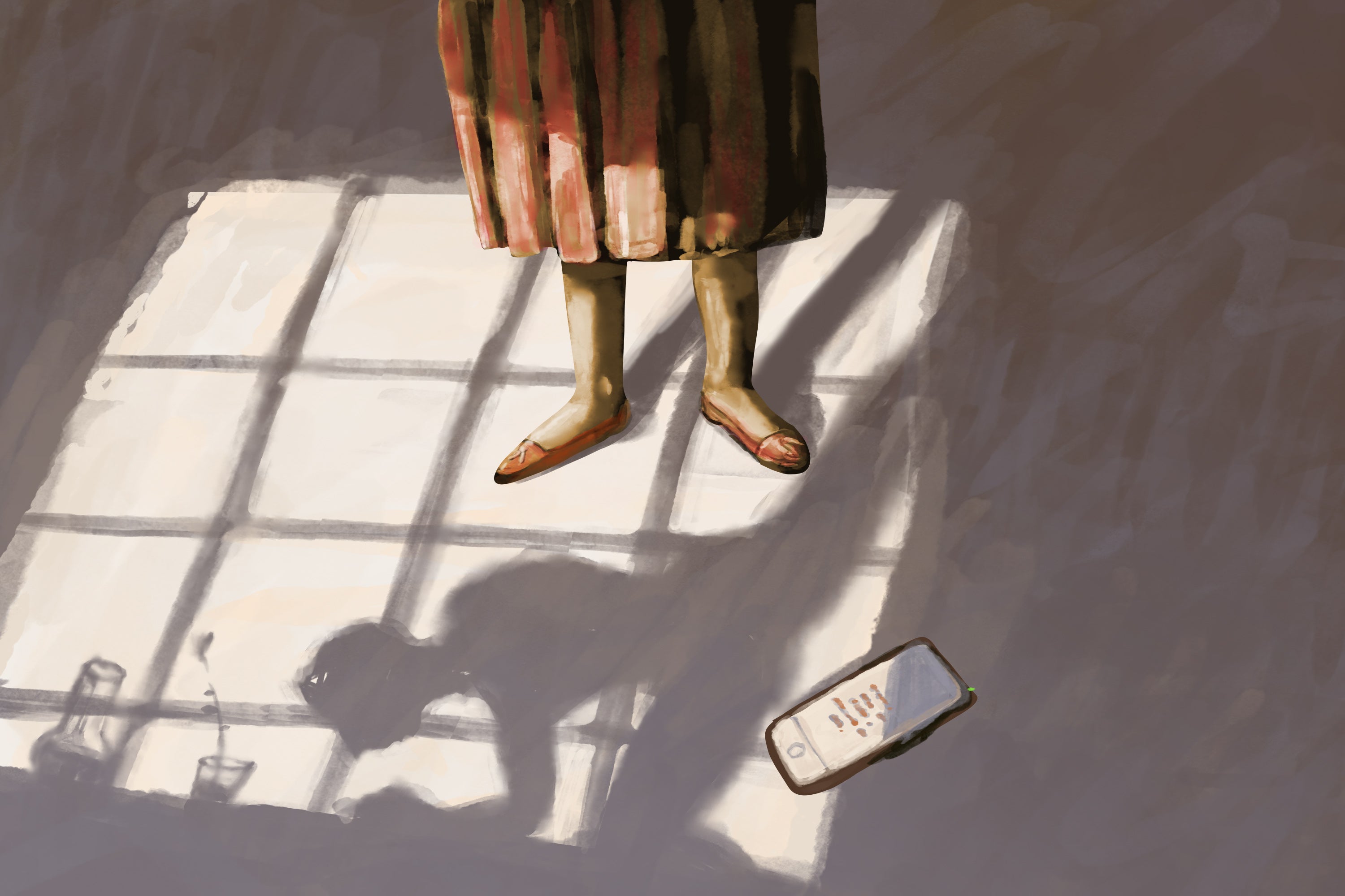 The shadow of a man on top of a table, contorting himself into an awkward position, while his phone lies on the floor, near the feet of his human partner.