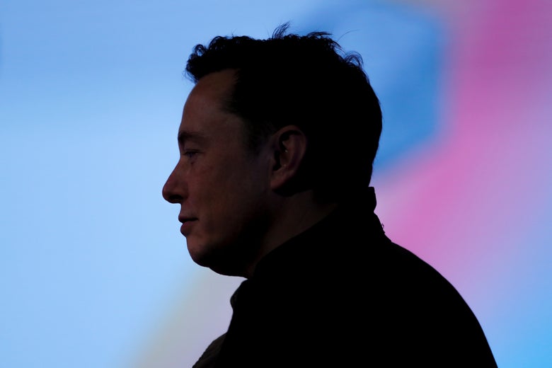 Elon Musk, in shadow, against a pink and blue background.