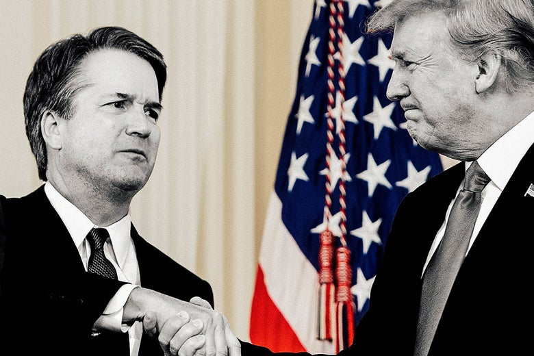 Kavanaugh and Trump in black and white against a full-color background