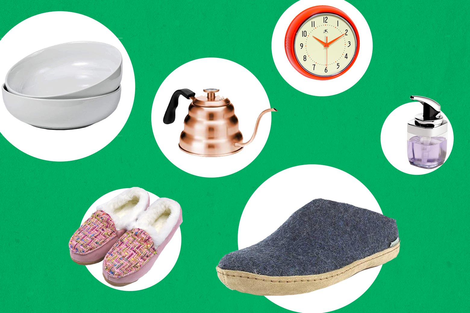 Collage of slippers, a clock, a soap dispenser and a set of white bowls on white dots against a green background.