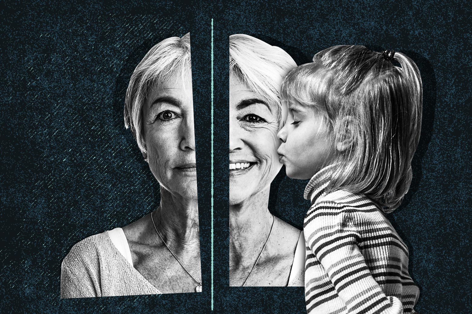 A grandmother's face split in half. The left side shows her sad and lonely. The right side shows her happy, being kissed on the cheek by her great granddaughter.