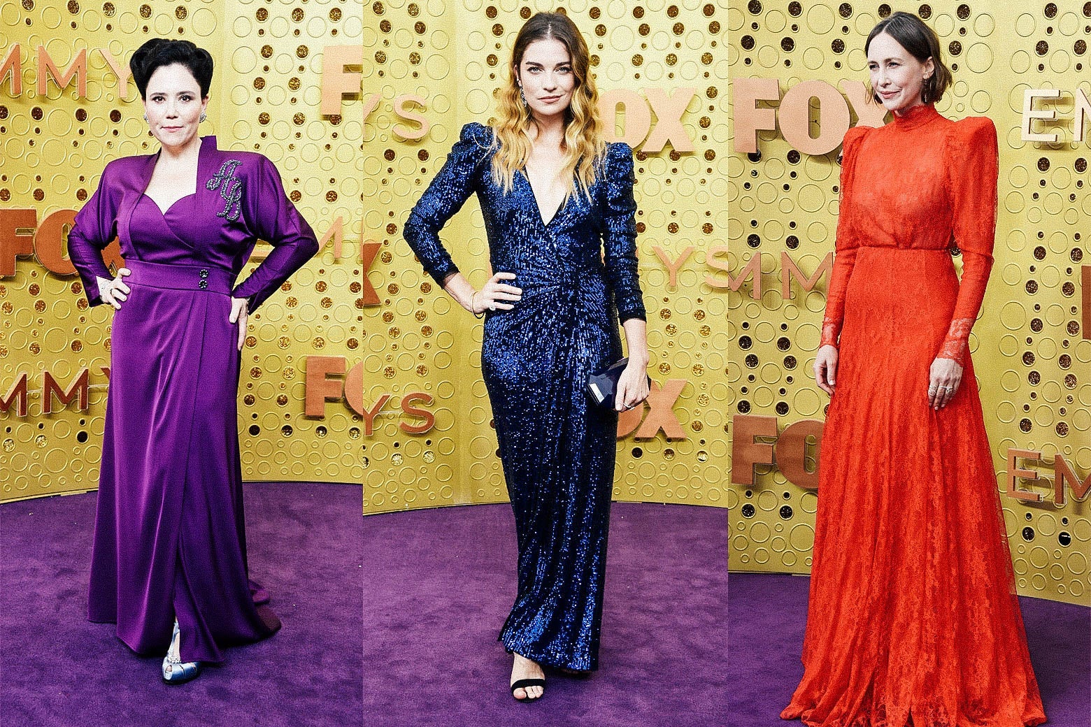 Alex Borstein, Annie Murphy, and Vera Farmiga on the Emmys purple carpet.