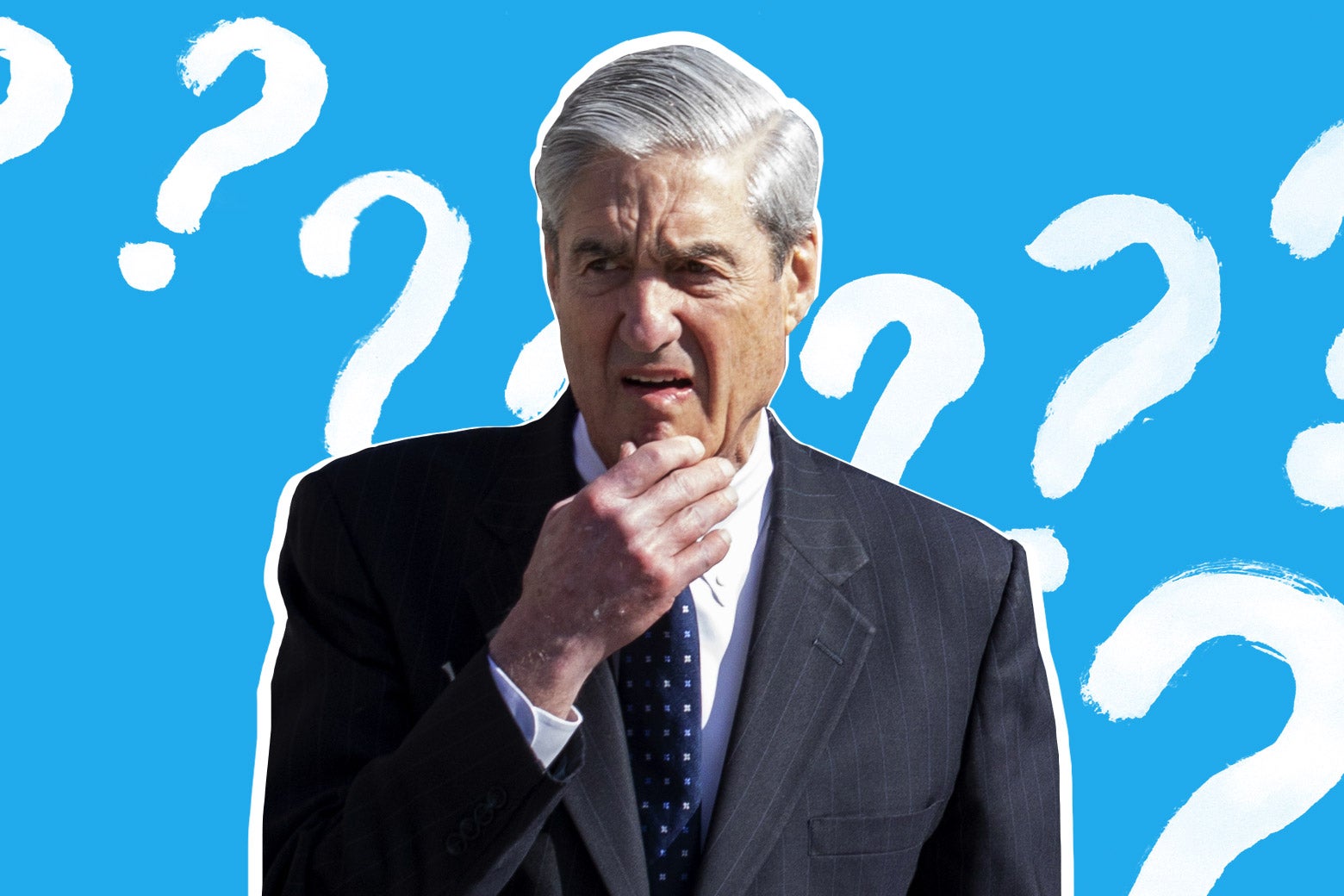 Robert Mueller touching his chin, looking puzzled, surrounded by question marks.