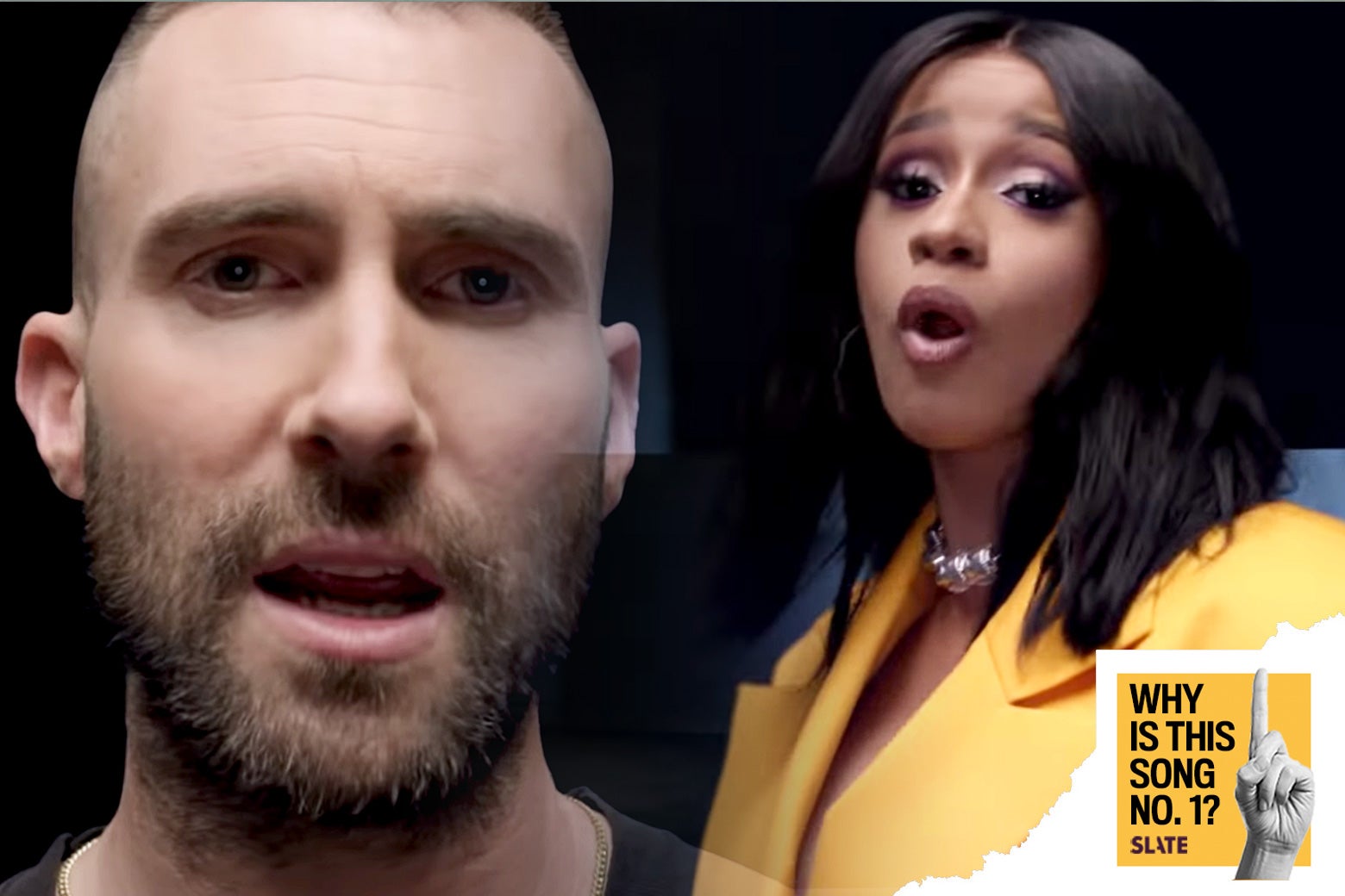Adam Levine and Cardi B singing in the "Girls Like You" video.