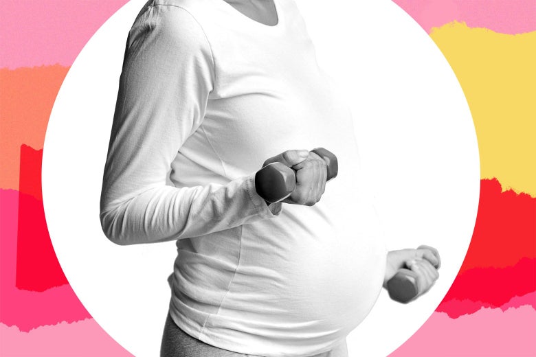 A pregnant person exercises with small weights.