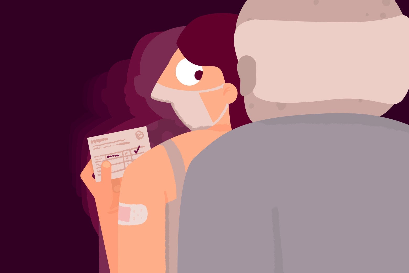 A woman holding a vaccine card with a Band-Aid on her arm looking behind her at an older man in line after her. 