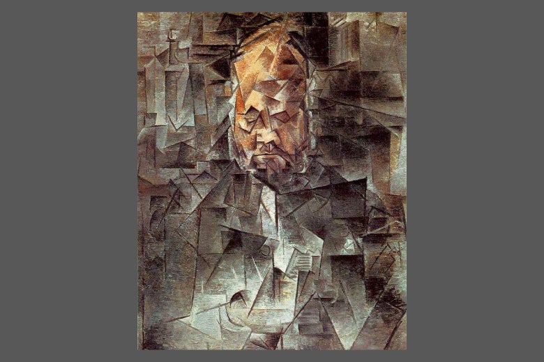 Cubist painting of a man with downcast eyes
