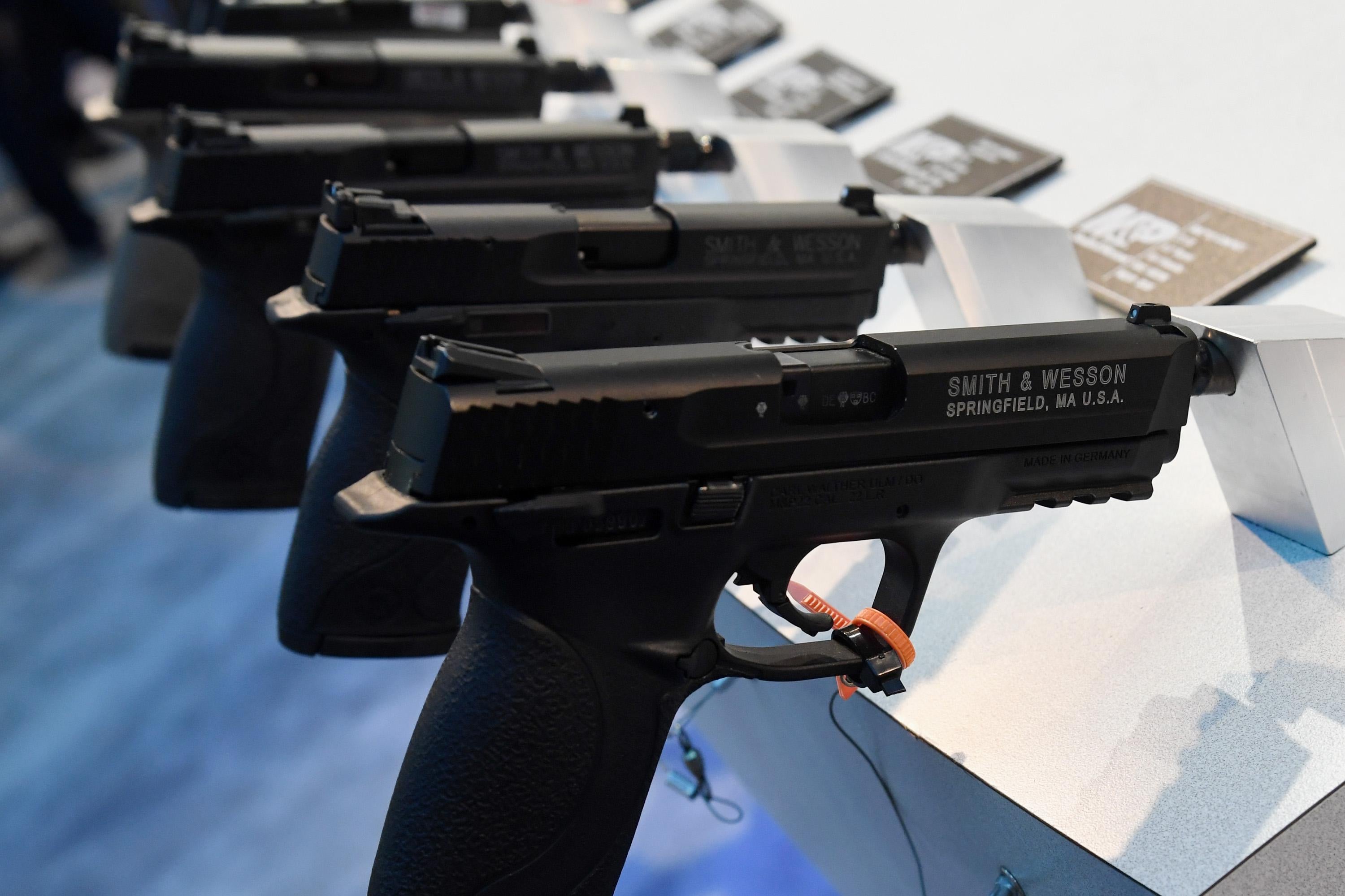 LAS VEGAS, NV - JANUARY 23:  Handguns are displayed at the Smith & Wesson booth at the 2018 National Shooting Sports Foundation's Shooting, Hunting, Outdoor Trade (SHOT) Show at the Sands Expo and Convention Center on January 23, 2018 in Las Vegas, Nevada. The SHOT Show, the world's largest annual trade show for shooting, hunting and law enforcement professionals, runs through January 26 and is expected to feature about 1,600 exhibitors showing off their latest products and services to more than 60,000 attendees.  (Photo by Ethan Miller/Getty Images)
