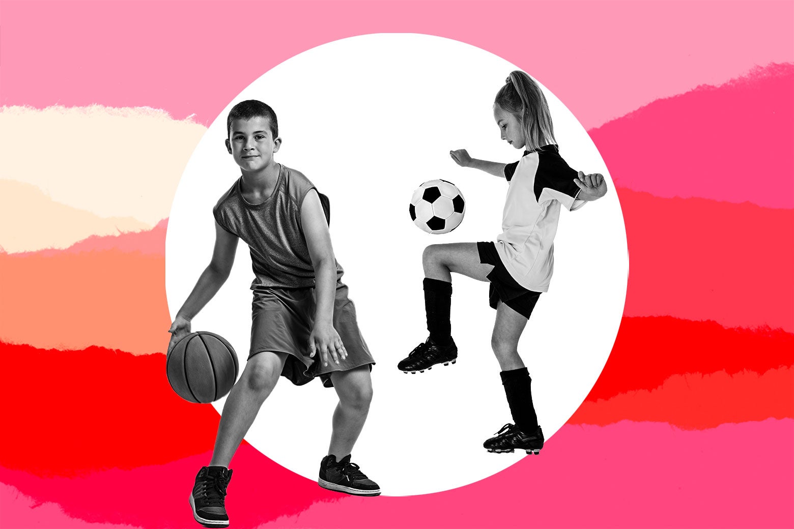 A boy plays basketball and a girl plays soccer.
