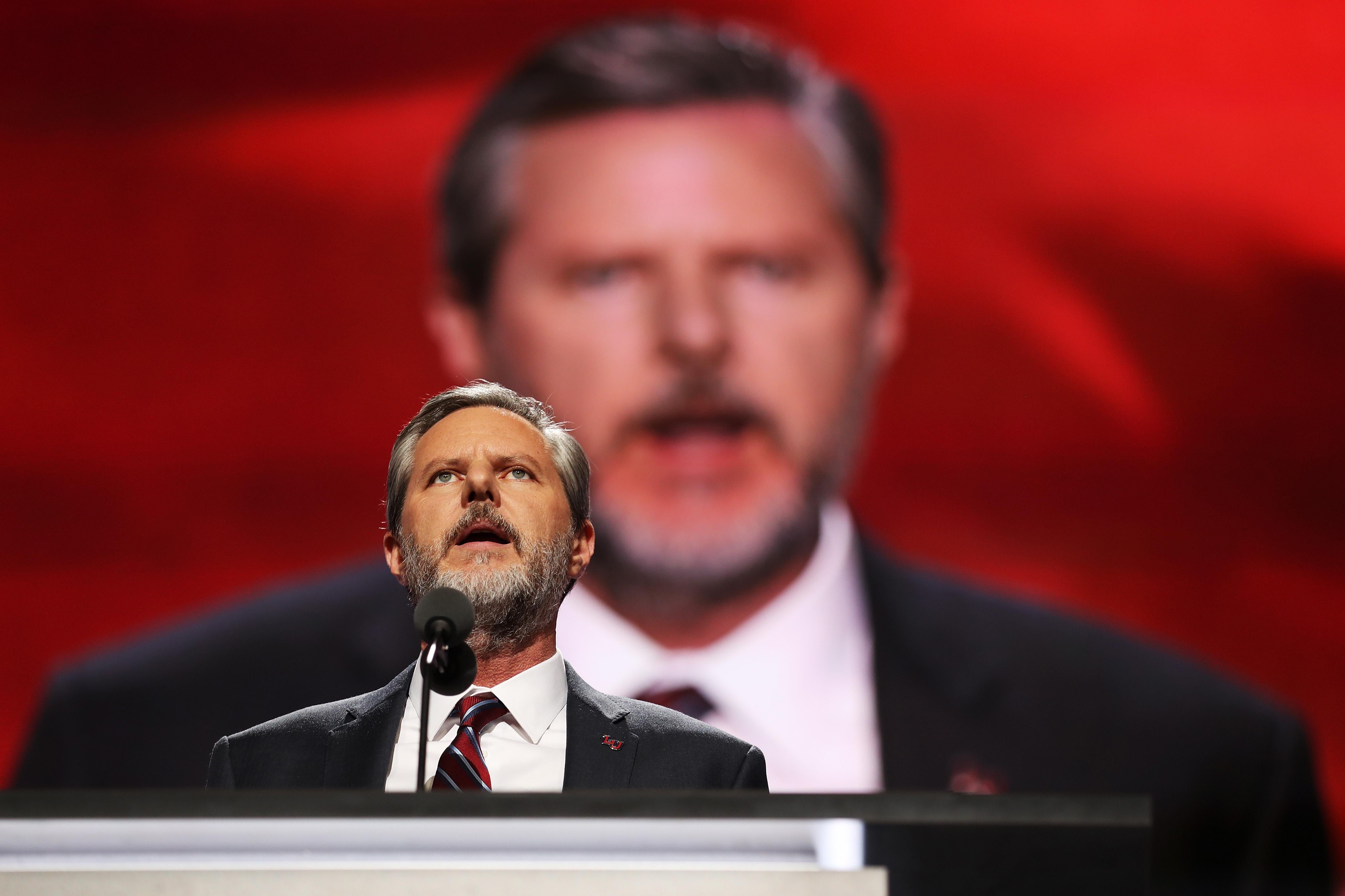 CLEVELAND, OH - JULY 21:  President of Liberty University, Jerry Falwell Jr., delivers a speech during the evening session on the fourth day of the Republican National Convention on July 21, 2016 at the Quicken Loans Arena in Cleveland, Ohio. Republican presidential candidate Donald Trump received the number of votes needed to secure the party's nomination. An estimated 50,000 people are expected in Cleveland, including hundreds of protesters and members of the media. The four-day Republican National Convention kicked off on July 18.  (Photo by John Moore/Getty Images)