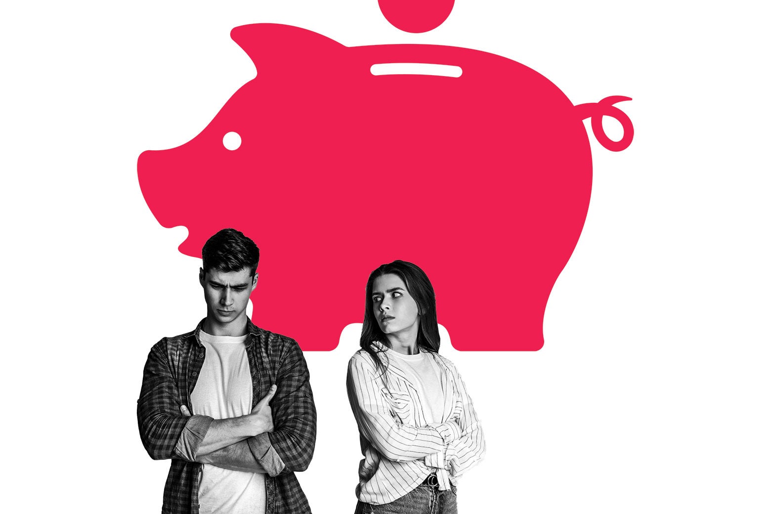 Woman glaring at a man looking down in front of an illustrated piggy bank.