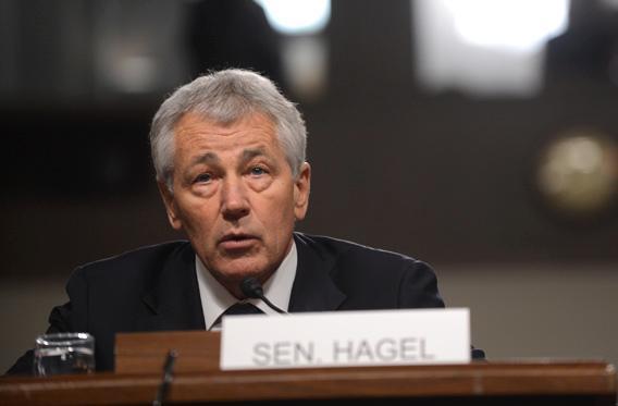 Chuck Hagel testifying during confirmation hearing.