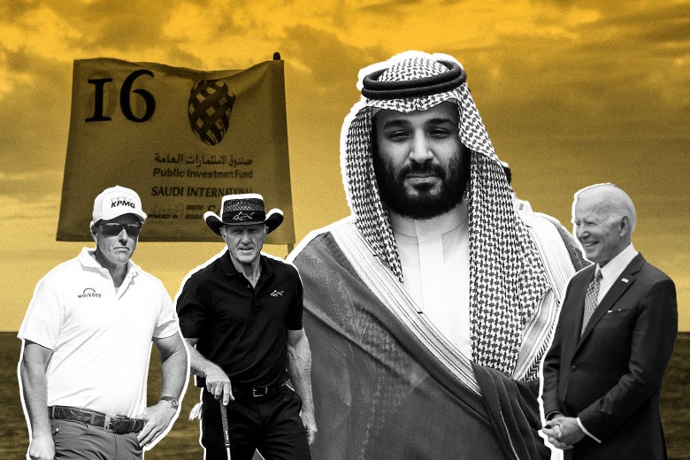 Collage of Phil Mickelson, Greg Norman, Crown Prince Mohammed bin Salman, and Joe Biden against the backdrop of a golf course and a yellow-tinted sky