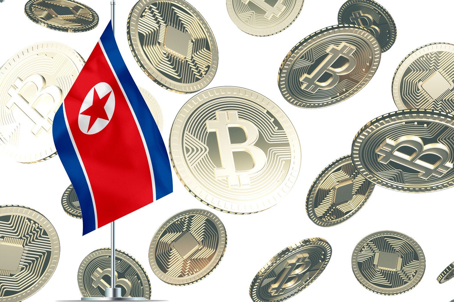 Coins with the Bitcoin logo surround a North Korean flag.