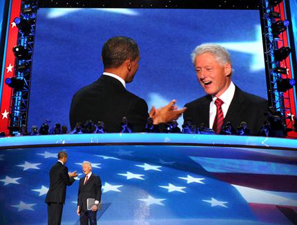 The 42nd President of the United States Bill Clinton and the 44th President of the United States Barack Obama.