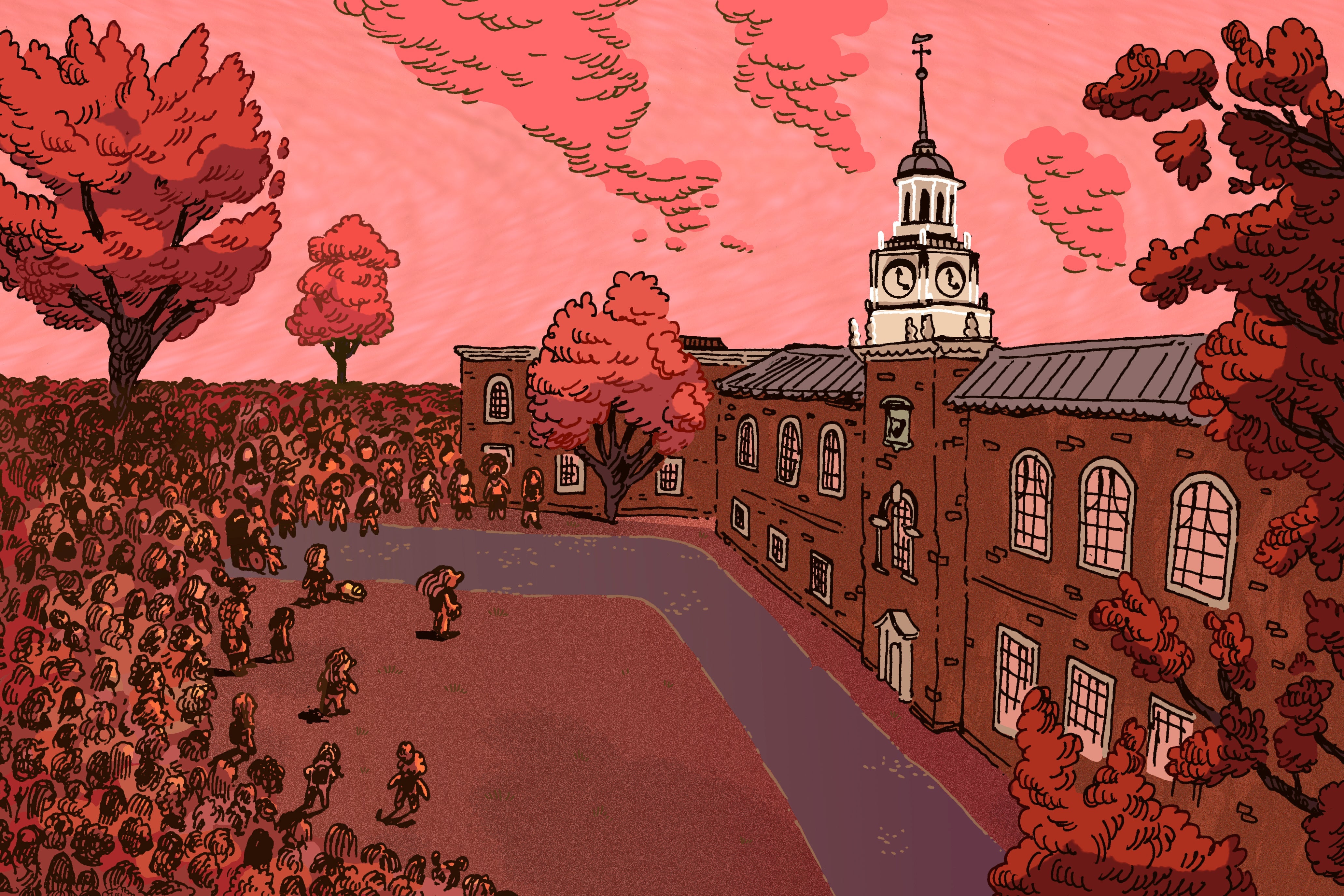 An illustration of a crowd of women on Dartmouth's campus.