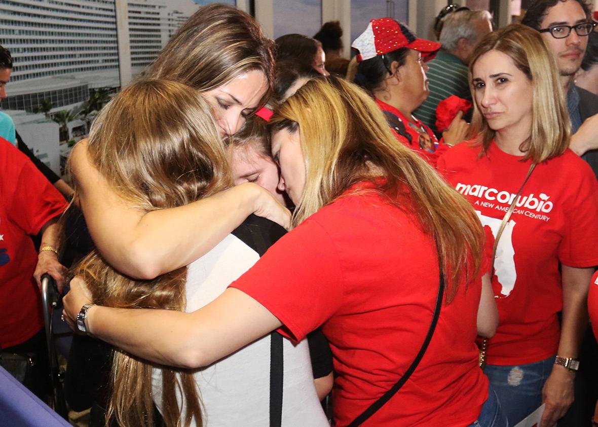 Supporters react after a primary night event for Republican presidential candidate U.S. Senator Marco Rubio on March 15, 2016 in Miami, Florida.