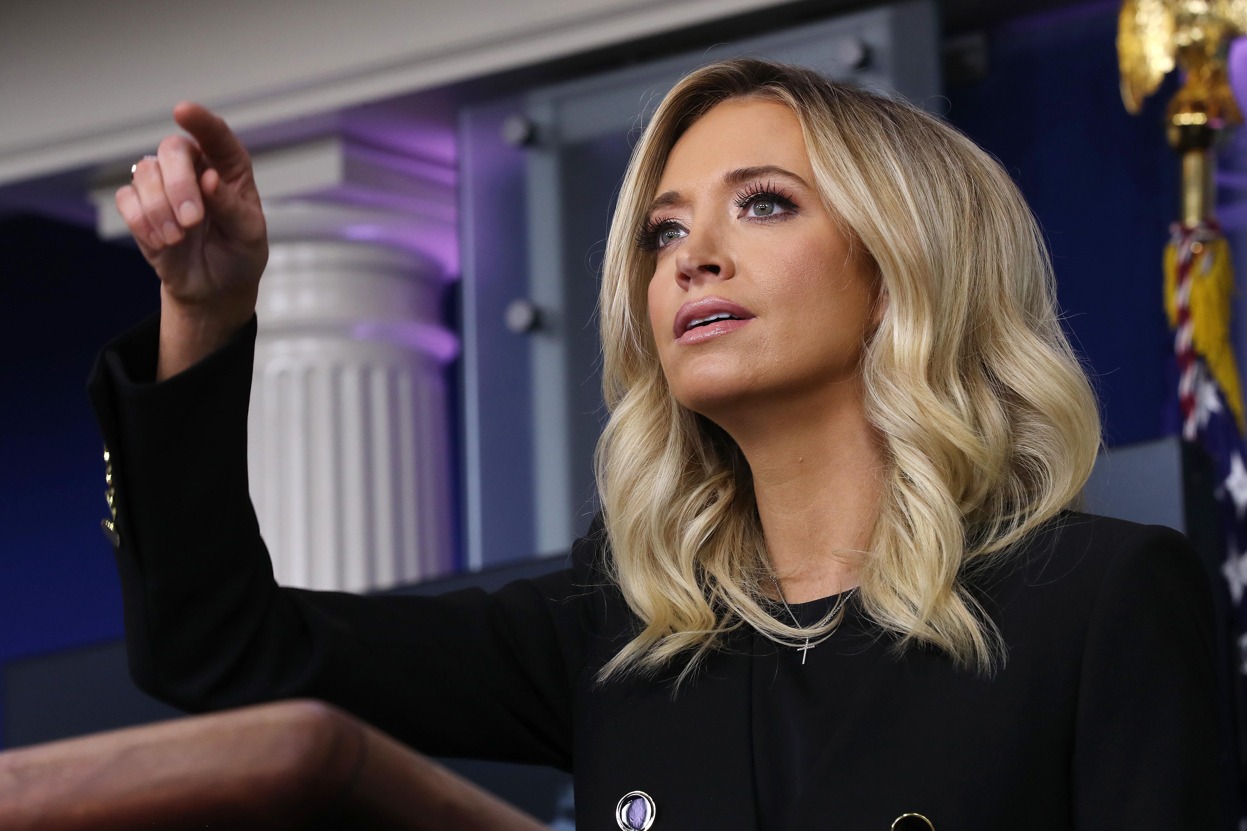 White House Press Secretary Kayleigh McEnany calls on reporters during her first on-camera news conference in the James Brady Press Briefing Room at the White House on May 1, 2020 in Washington, D.C. 