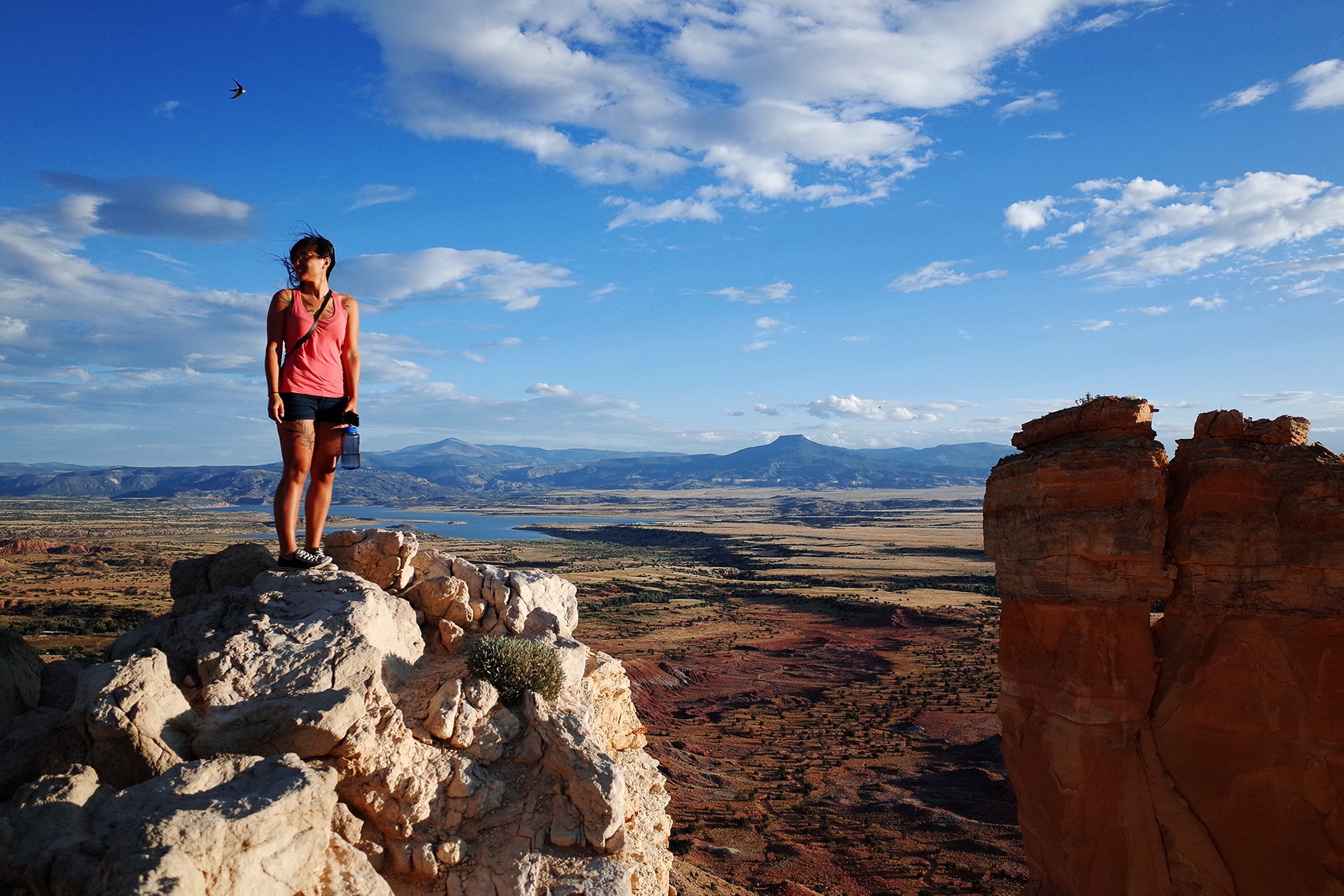 Woman standing on a rock in a landscape.