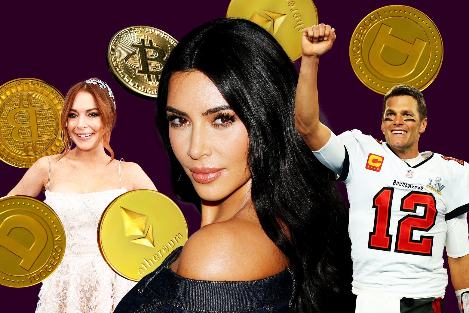 Lindsay Lohan, Kim Kardashian, and Tom Brady surrounded by Bitcoins and other cryptocurrency.
