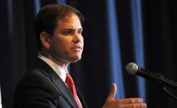 Sen. Marco Rubio (R-FL) speaks at a fundraiser birthday party on Saturday in Altoona, Iowa.