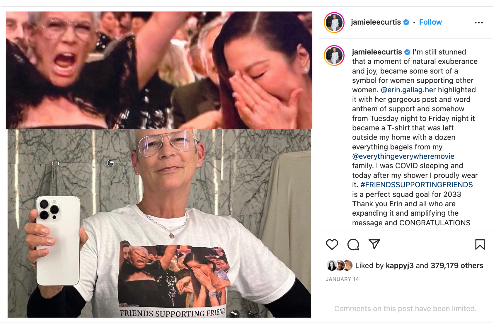 Top image: A woman cheers on another woman. Bottom image: The cheering woman wears a t-shirt. showing the top image.