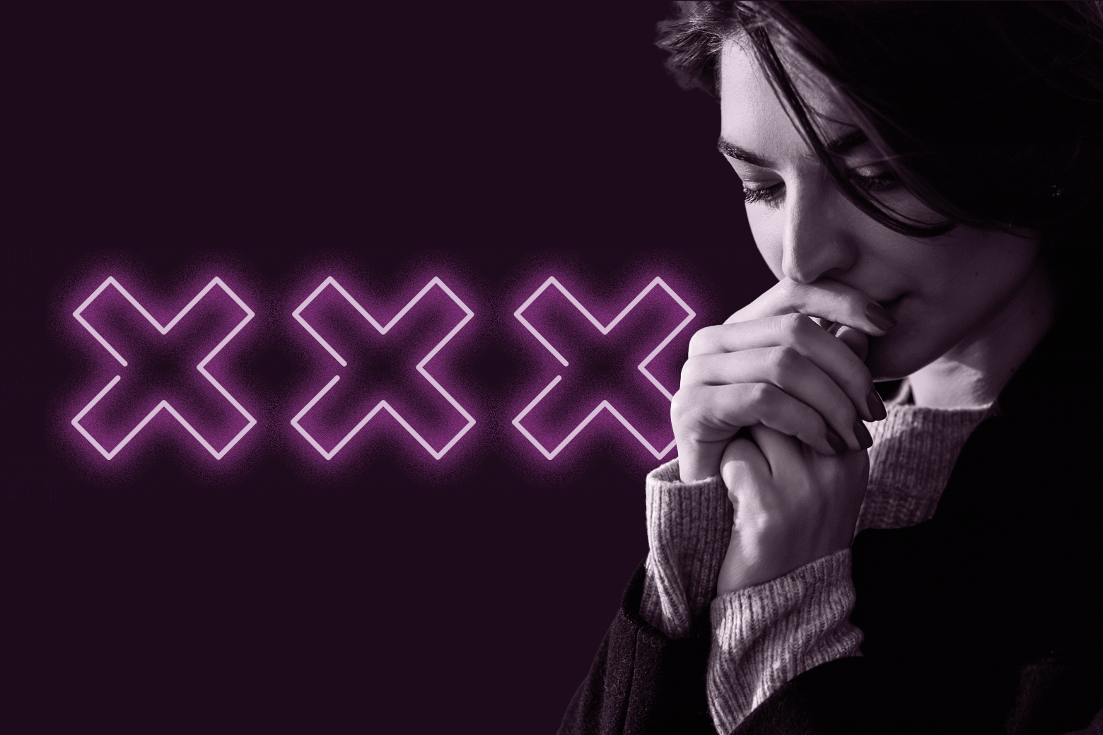 Woman looking down in deep thought. Three Xs float next to her.