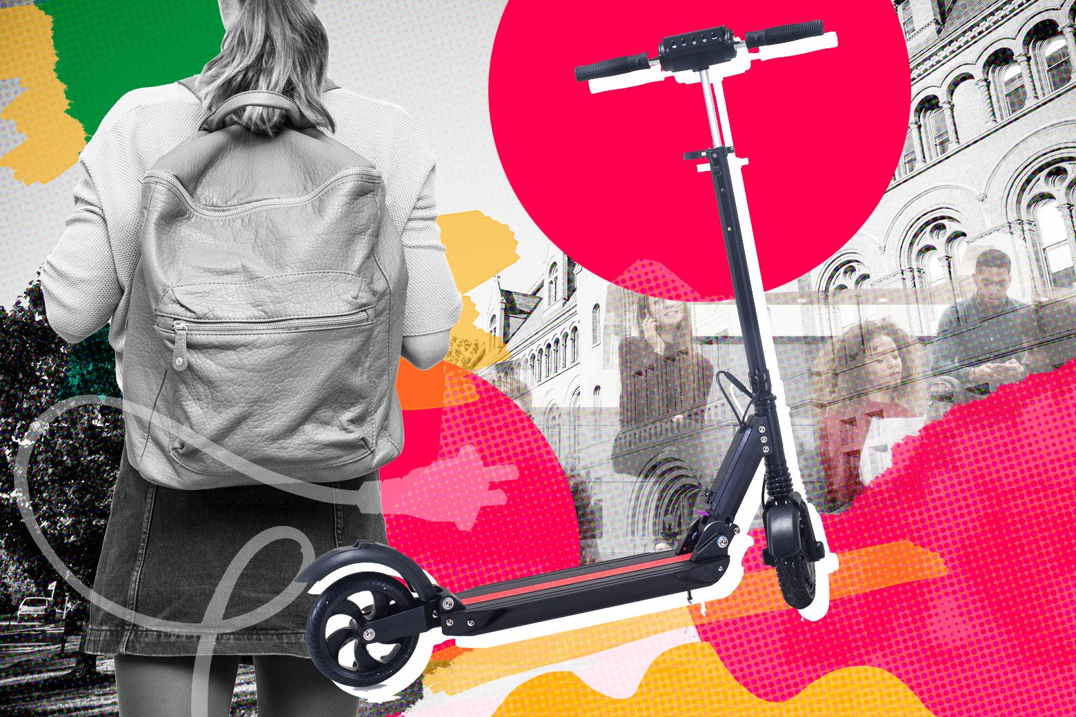 Photo illustration: A college student walks while carrying a backpack; an image of a dockless scooter is superimposed on top of a colorful collage depicting college life.
