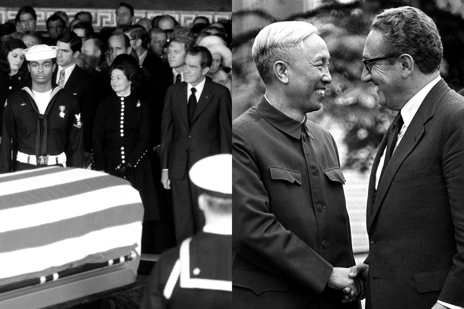On the left a black-and-white photo of Lyndon B. Johnson's funeral and on the right, the resolution of the Vietnam War.