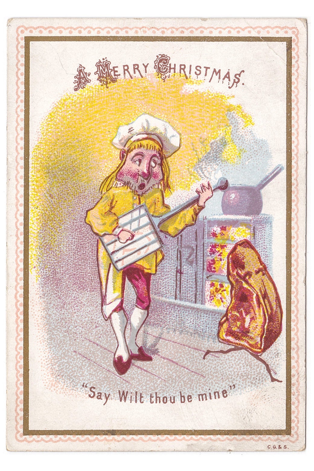 Illustration of a cook holding a spoon beside a pot on the stove as a cut of beef with legs runs away in the corner