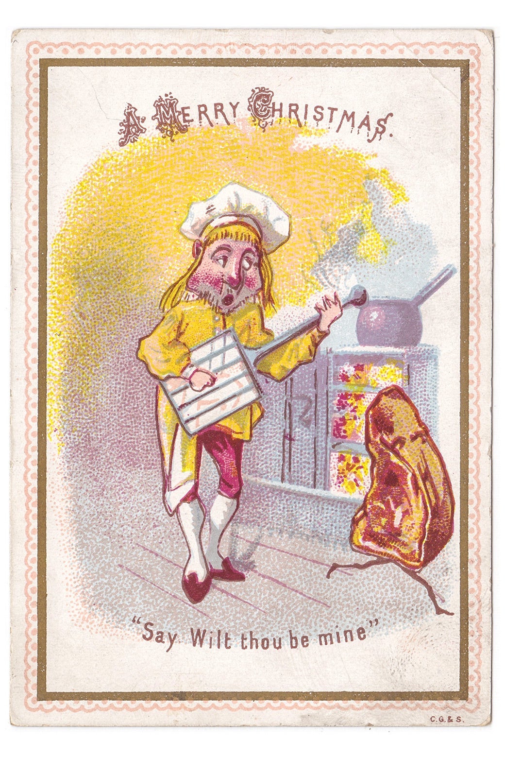 Illustration of a cook holding a spoon beside a pot on the stove as a cut of beef with legs runs away in the corner