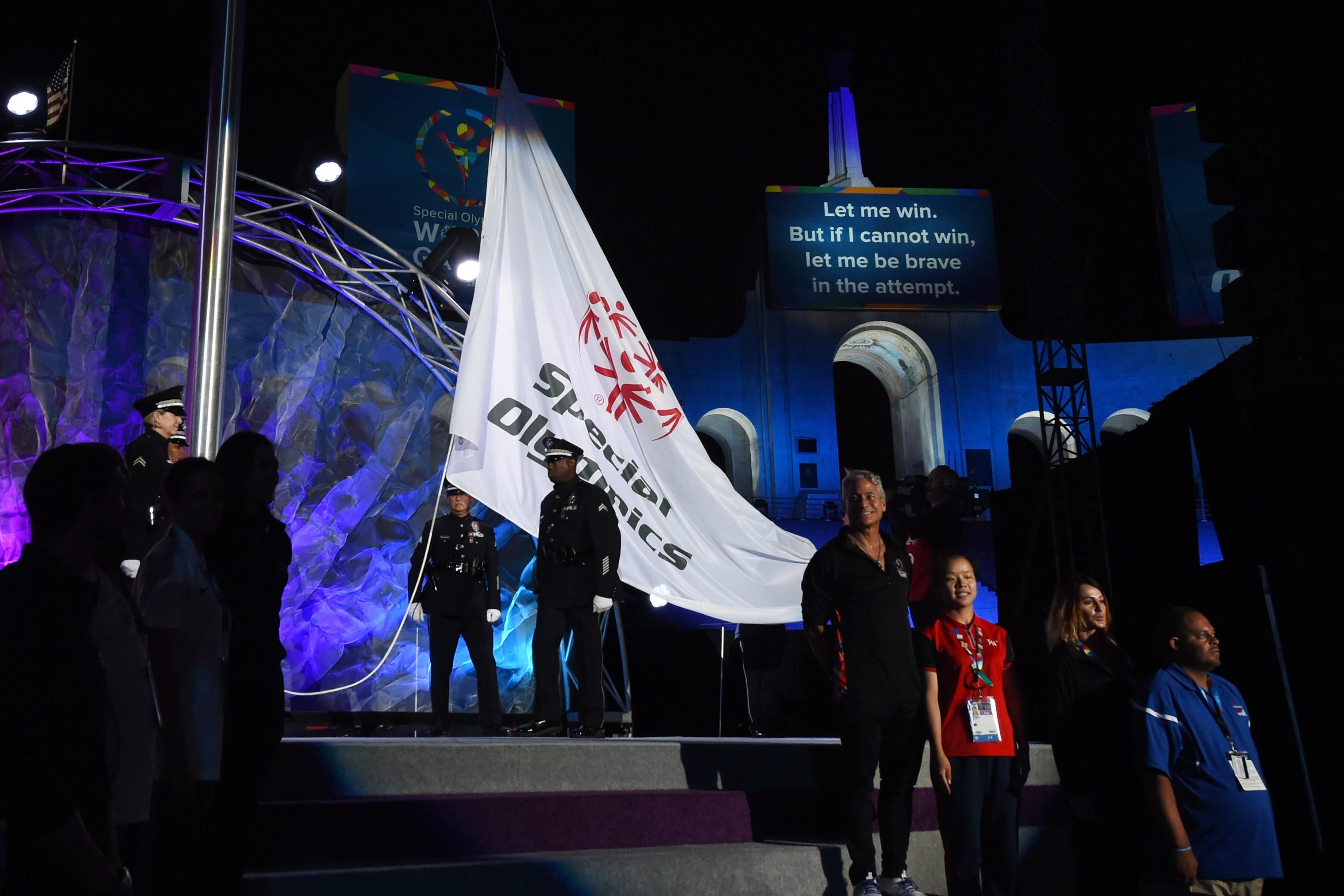 The Special Olympics flag is raised at the opening ceremony of the 2015 Special Olympics World Games.
