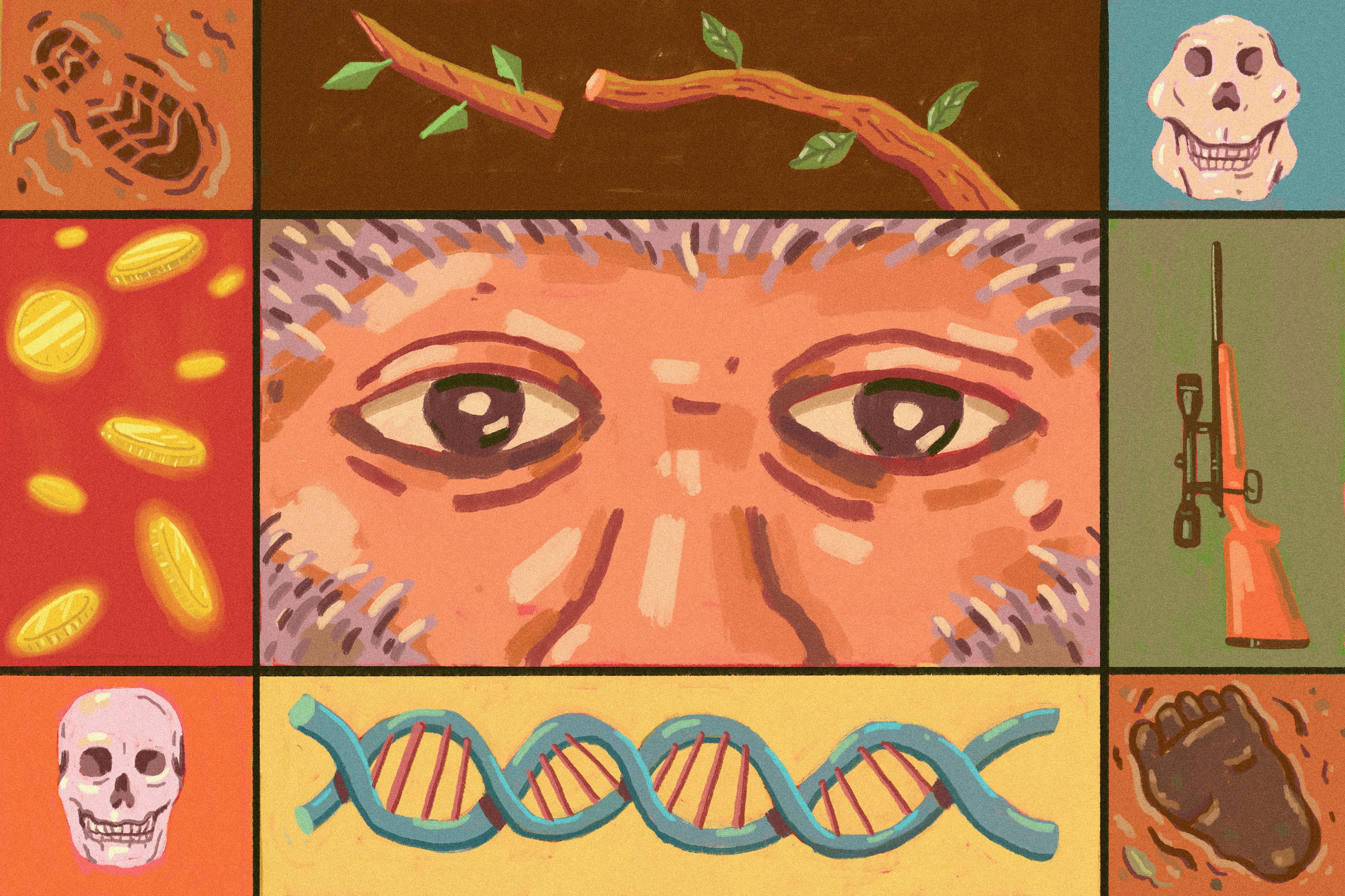 An illustration including bigfoot eyes, a DNA strand, skulls, footprints, a broken branch, and a pistol. 