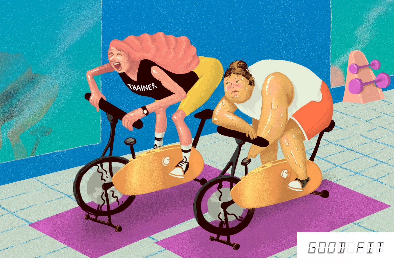 Two people on spin bikes. One is wearing a shirt that says "trainer" and is having a great time! The other person is miserable. 