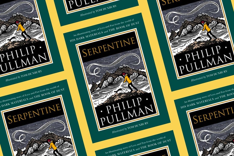 The cover of Serpentine, tiled. The cover has an illustration of Lyra and Pan climbing up a wintry hillside.
