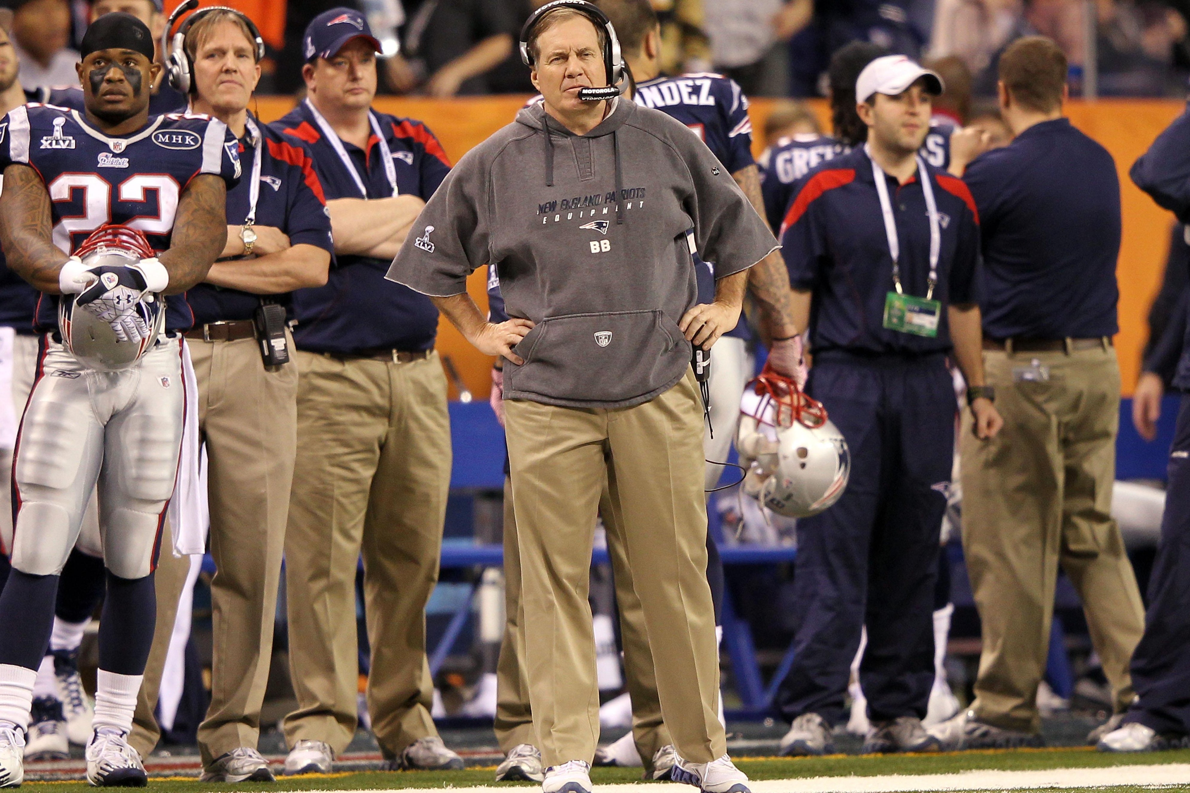 Head Coach Bill Belichick of the New England Patriots during Super Bowl XLII  against the New York Giants at the University of Phoenix Stadium on  February 3, 2008 in Glendale, Arizona. The