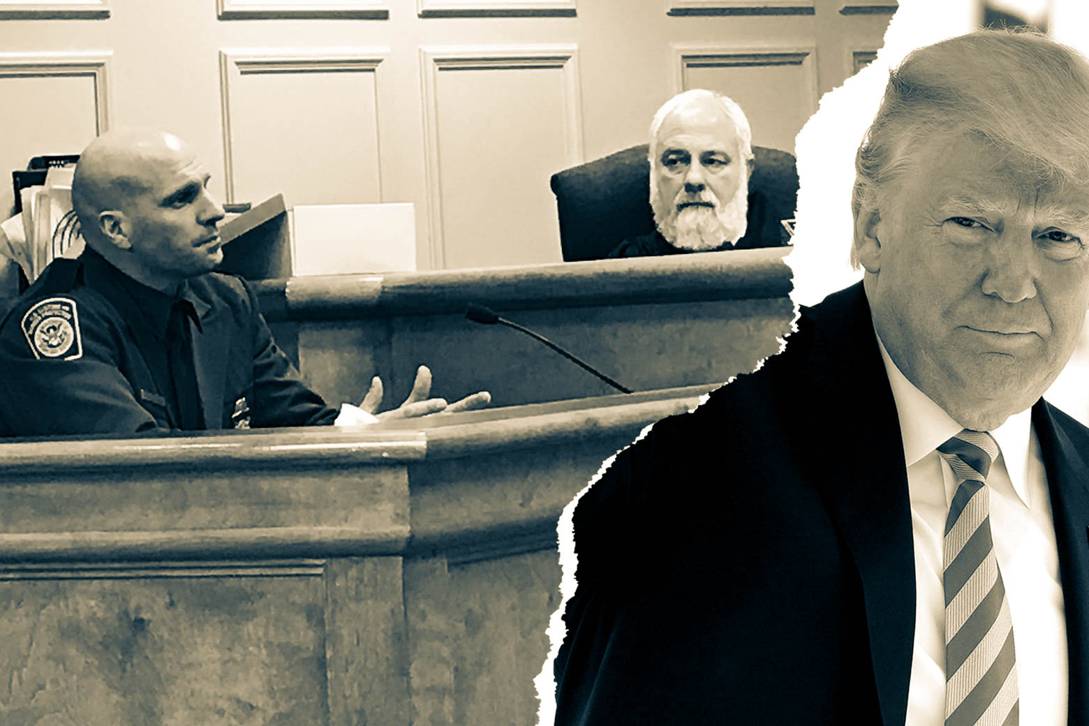 A photo collage, featuring an image of Judge Thomas Rappa and a CBP agent in a courtroom, and a photo of Donald Trump.