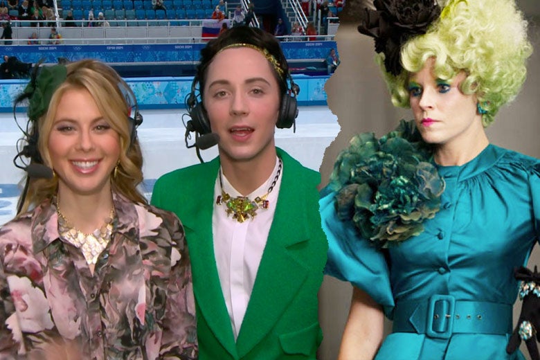 Left: Johnny Weir wears a green suit. Right: Elizabeth Banks as Effie Trinket wears an all-green ensemble with green-tipped hair.