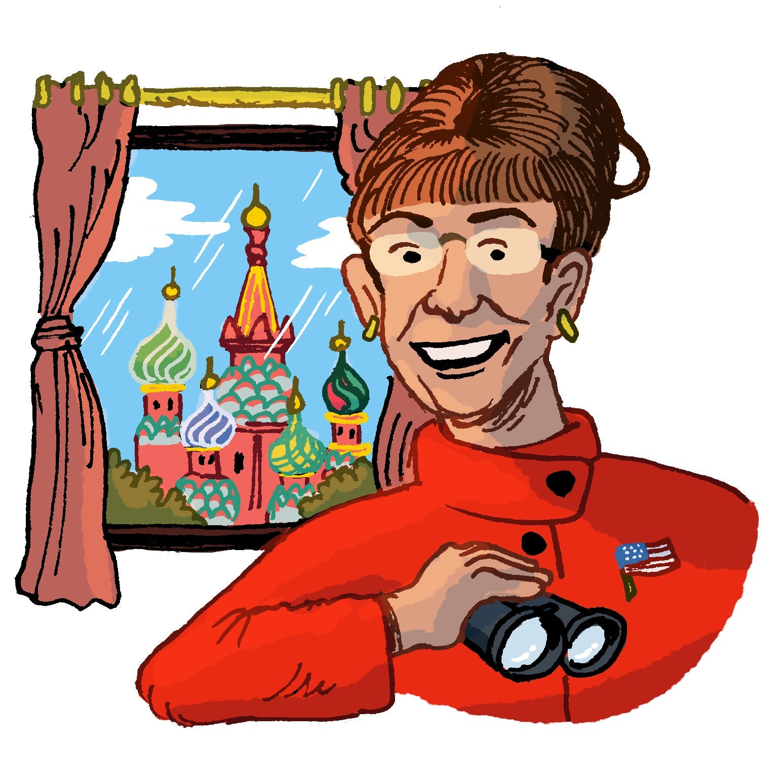 Illustration of Sarah Palin holding binoculars, with Russia seen through her window.