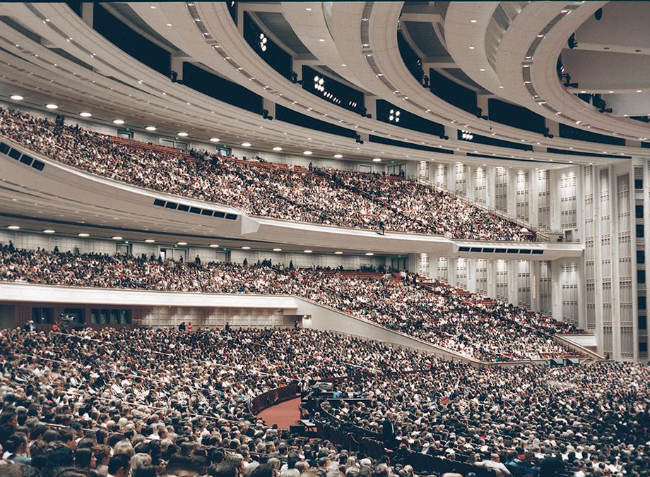 The LDS conference center in use during General Conference in October 2012. The building can hold 21,000 people at a time and is used by the Mormon Tabernacle Choir when not in use during conference.